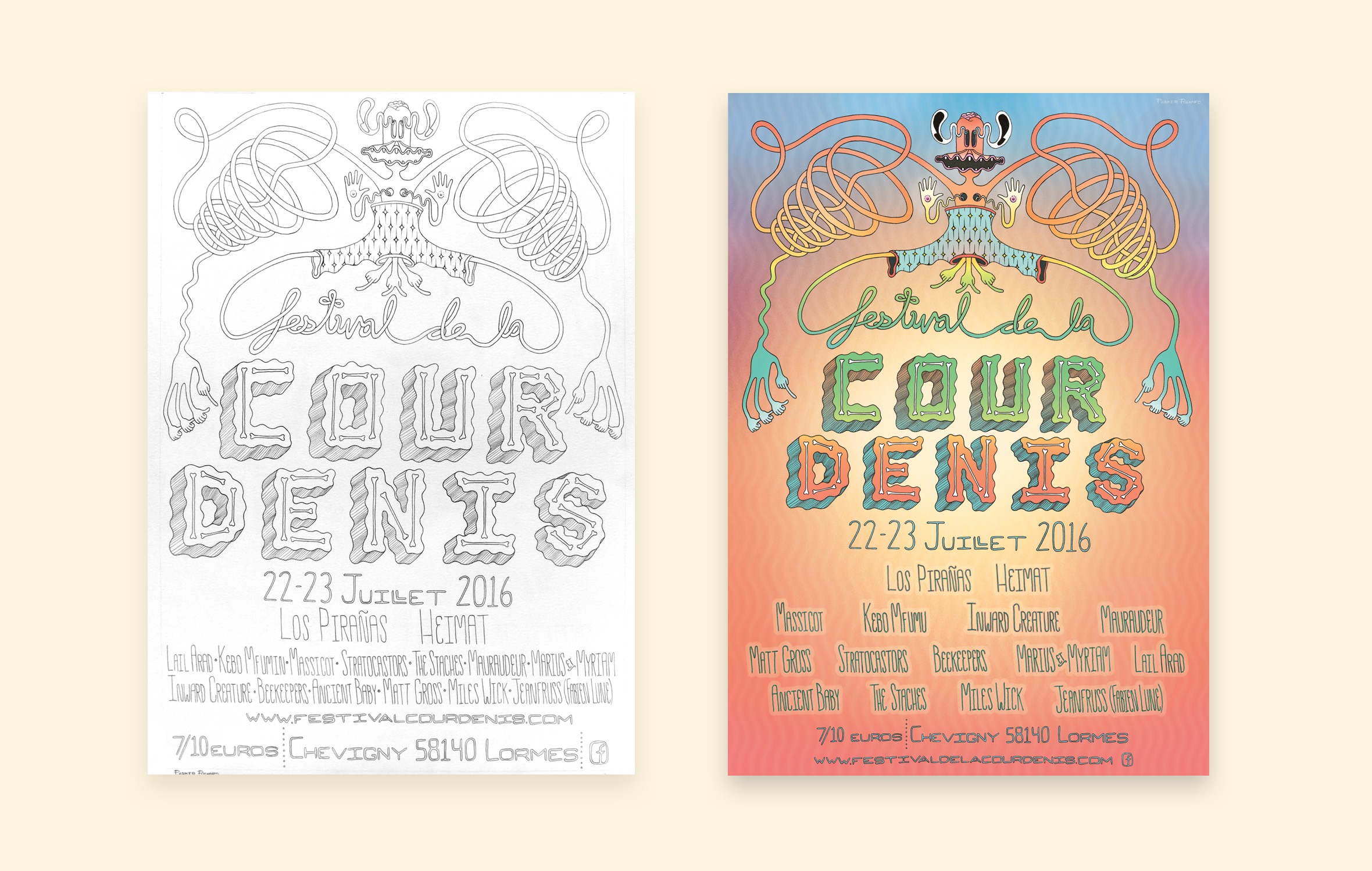 2016 Festival de la Cour Denis line drawing next to the completed poster
