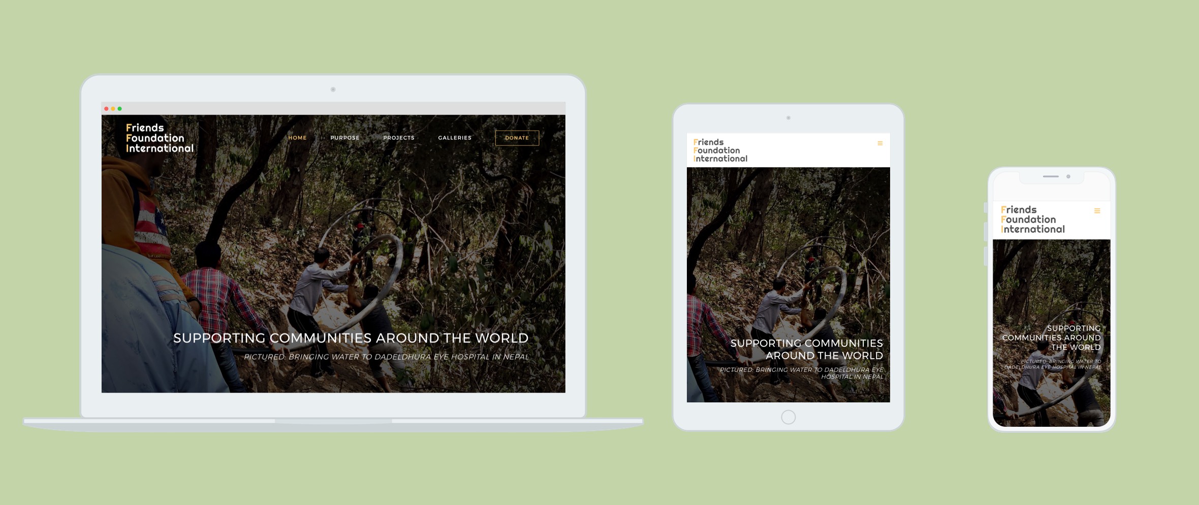 Laptop, tablet and smartphone displaying responsive Friends Foundation International website