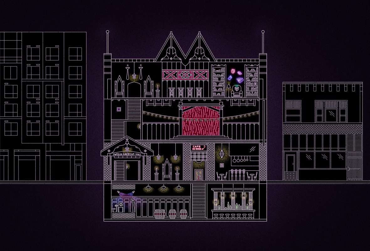 Vector illustration of Swedish American Hall cross-section at night