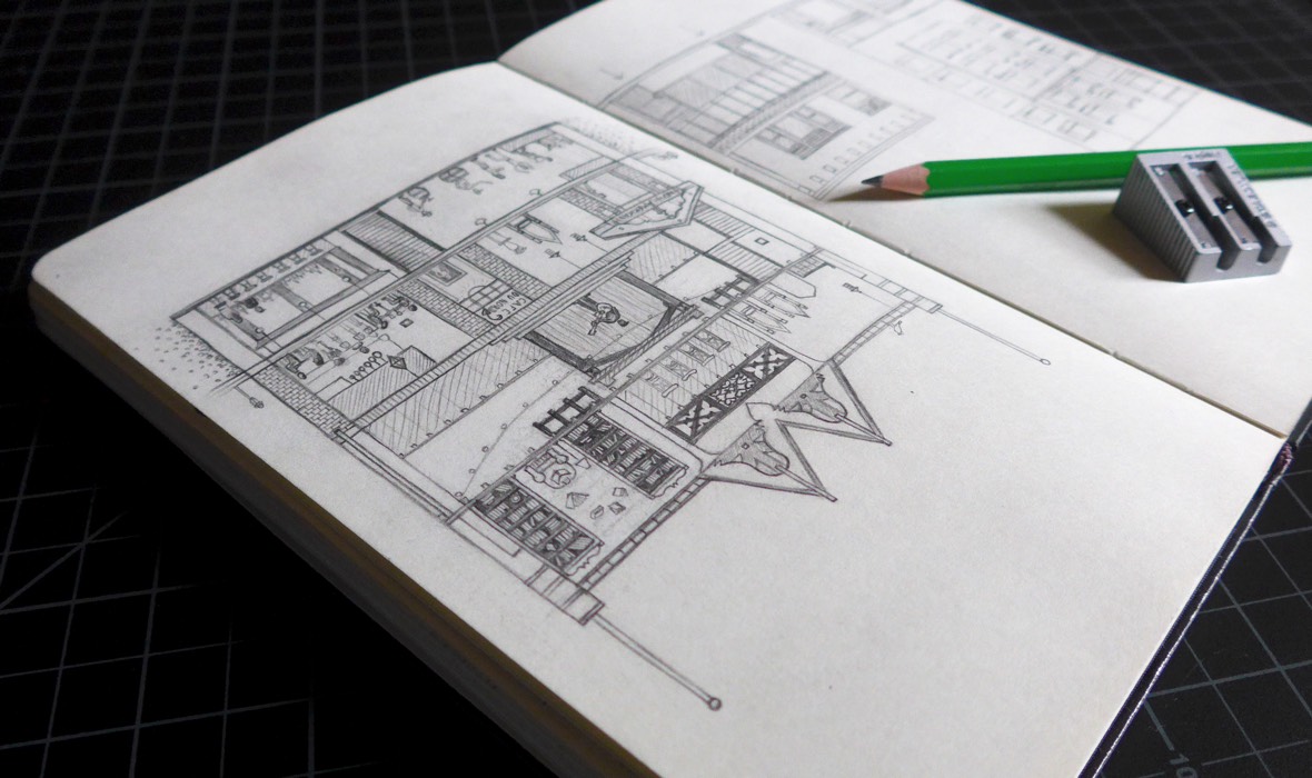 Photo of Parker's sketchbook featuring a pencil drawing of Swedish American Hall cross-seciton illustration