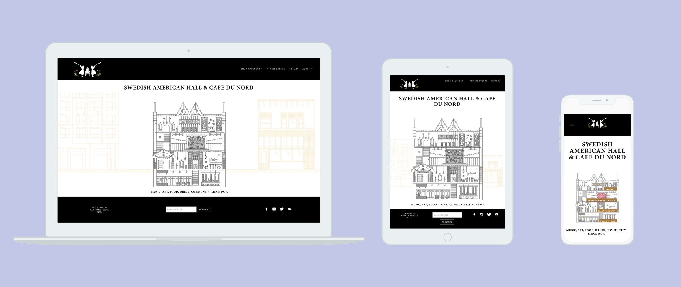 Laptop, tablet and smartphone displaying Swedish American Hall website with illustration
